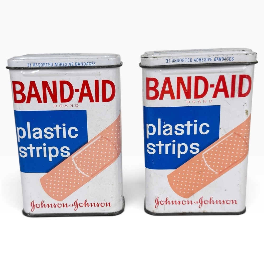 2 Vintage Band Aid Tin Johnson First Aid Advertising Metal Box Empty Made USA